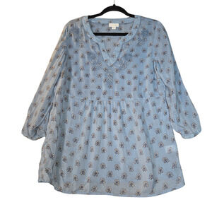 J. Jill Womens XS Top Blue Floral Pullover Sheer Embroidered Flowy Boho Babydoll